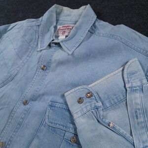 Vintage Wrangler Rugged Wear Hunting Shooting Denim‎ Shirt Mens XL Light Blue